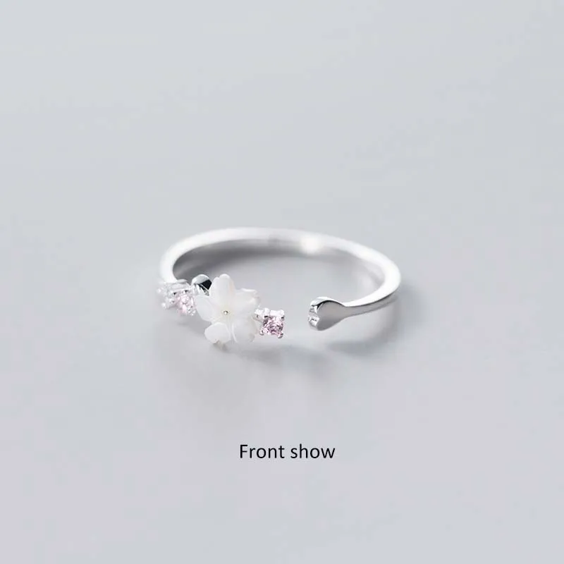 Dainty 925 Sterling Silver White Shell Flower Shape Adjustable  Cherry Blossom Ring Fresh Sweet Wedding Rings Fine Gift Ring