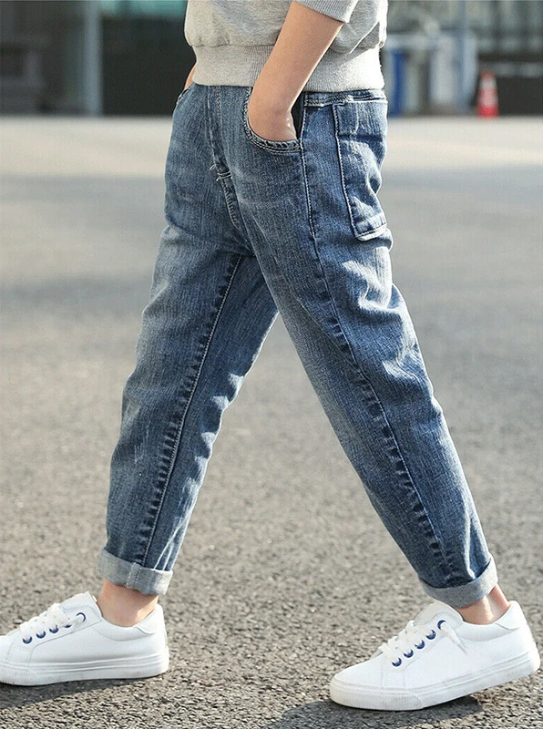 Wholesale Bulk Kids Jeans Denim Pants Children Soft Comfortable Stretch Elastic Waist Trousers Loose Small Foot Button Casual