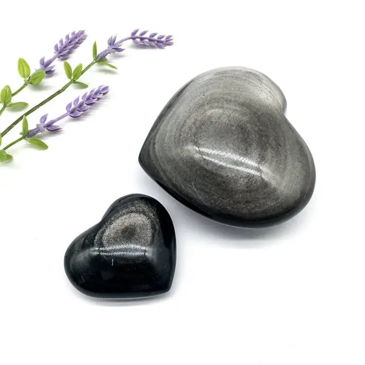 Wholesale Natural Crystal Silver obsidian Hearts Semi-precious Stone Silver obsidian heart  for Decoration