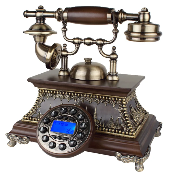 Corded old style wooden craft telephone set for living room