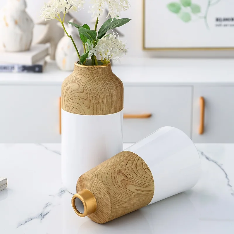 Nordic minimalist living room ornaments modern wine cooler dried flowers decorative soft patchwork wood grain ceramic vase