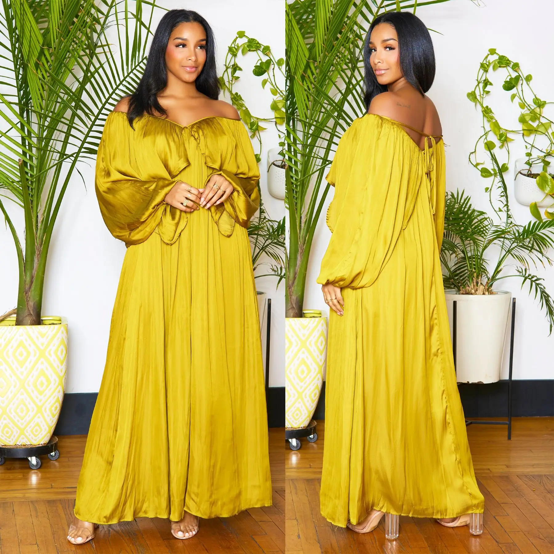2023 Summer plus size African Chiffon dresses Loose Elegant Long Dress for women High Waist Bat Sleeves Sexy Dresses