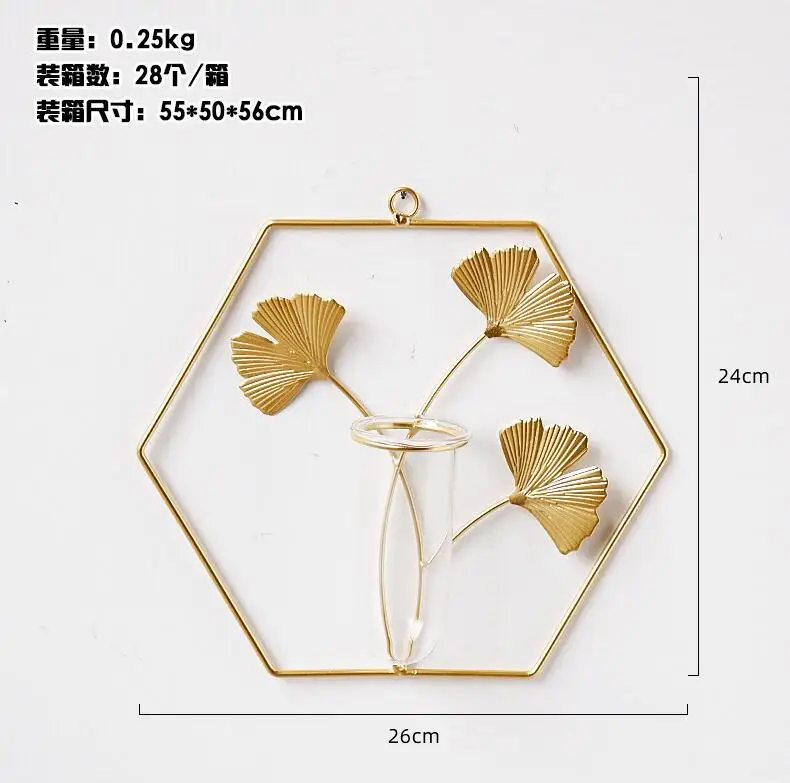 Nordic Wall Vase,Gold Geometric Vase Hanging Hydroponic Planter,Wall-Mounted Metal Glass Tube Bud Vase Decorative