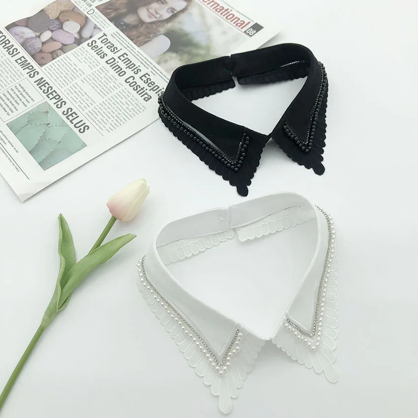 Organza Splicing Chiffon Openwork Embroidery Rhinestone Lace Designs Detachable Shirt Fake Collar For Wome