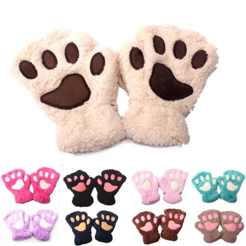 Baby Winter Thick Warm Gloves Outdoor Half Finger Gloves Cute Cartoon Cat Claw Gloves
