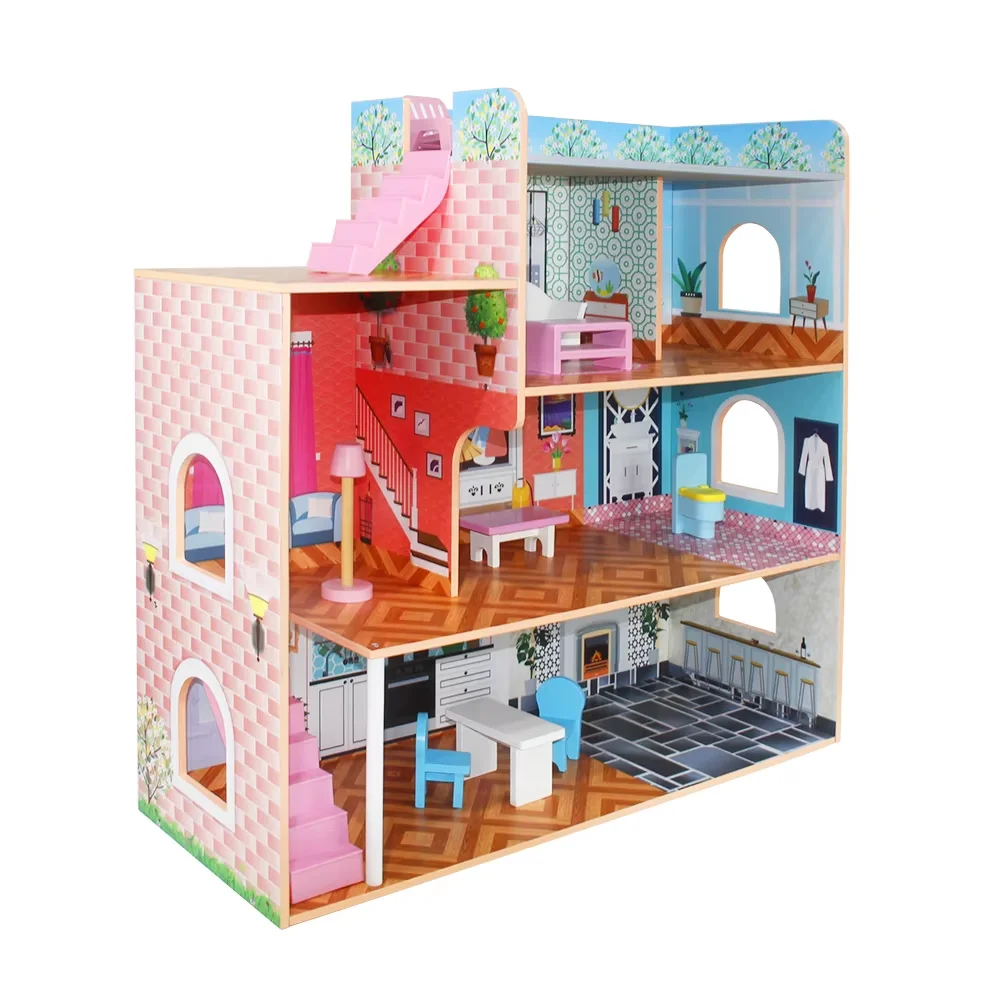 weifu CE kids simulation play toy three layers wooden fire station toy boys play house