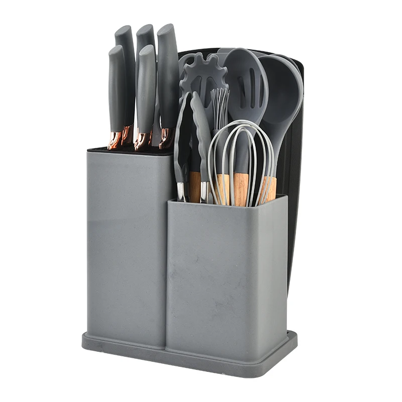 YF Easy cleaning and space-saving silicone kitchen tools set wooden handle Kitchenware with scissors and knives 19-pcs set