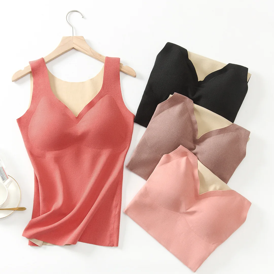 Ladies thermal vest seamless double-sided velvet with latex chest pad bra thin comfortable breathable slimming bottom camisole