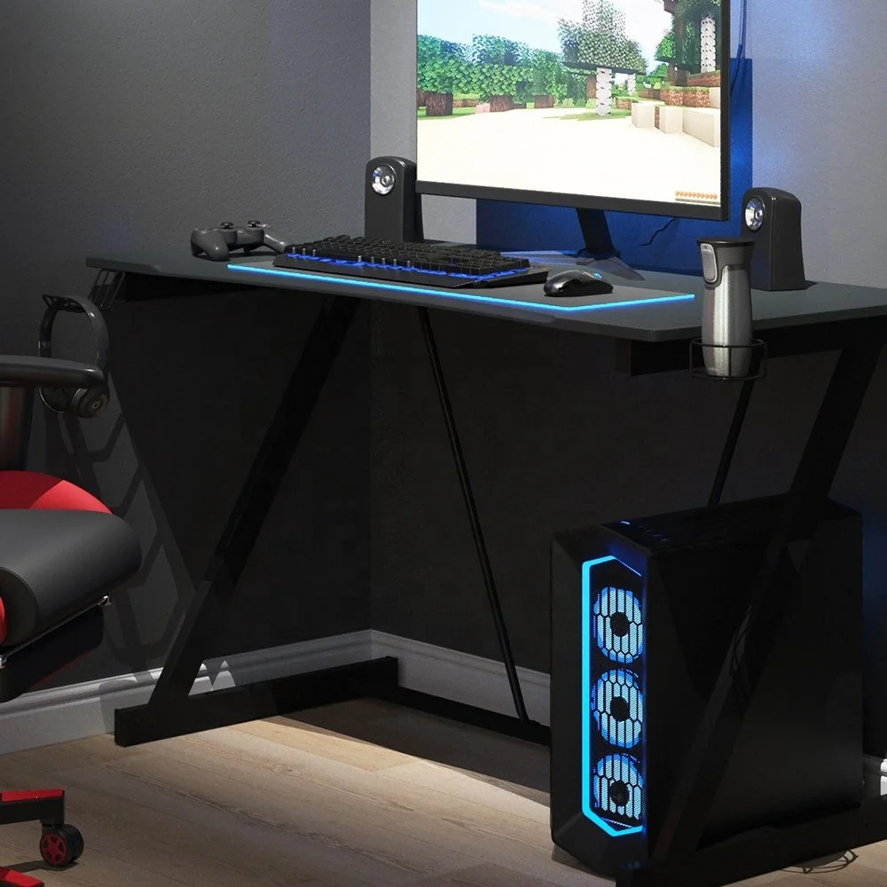 Gaming Desk PC Computer Desk Home Office Desk Gaming Table Z Shaped Gamer Workstation With Cup Holder And Headphone Hook