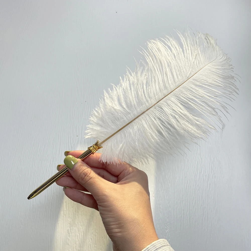 Factory Price Natural Real Calligraphy Feather Ballpoint Pen Ostrich Feather Support Custom for Wedding