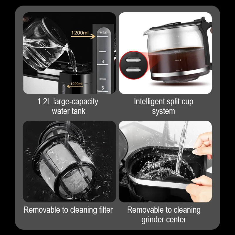 Coffee Maker Machine with Grinder Digital LED Display Screen Grinding Bean to Cup Stainless Steel 1.25L Electric LCD 2 in 1 1050