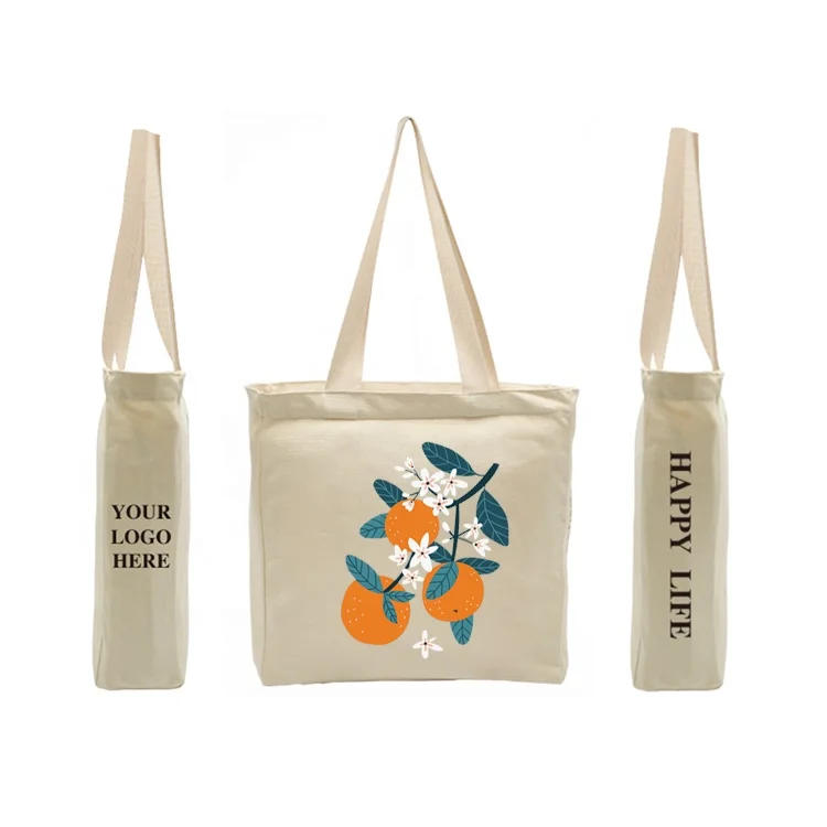 Customized large recycled capacity reusable fruit orange kiwi orange funny cute pattern canvas bag