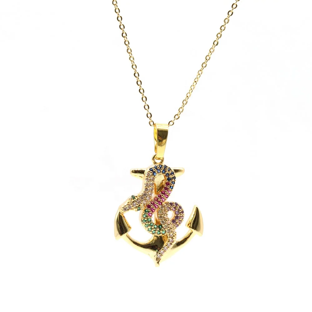 Оптовая продажа, ювелирные изделия, позолоченный циркониевый якорь со змеиным шармом, ожерелье