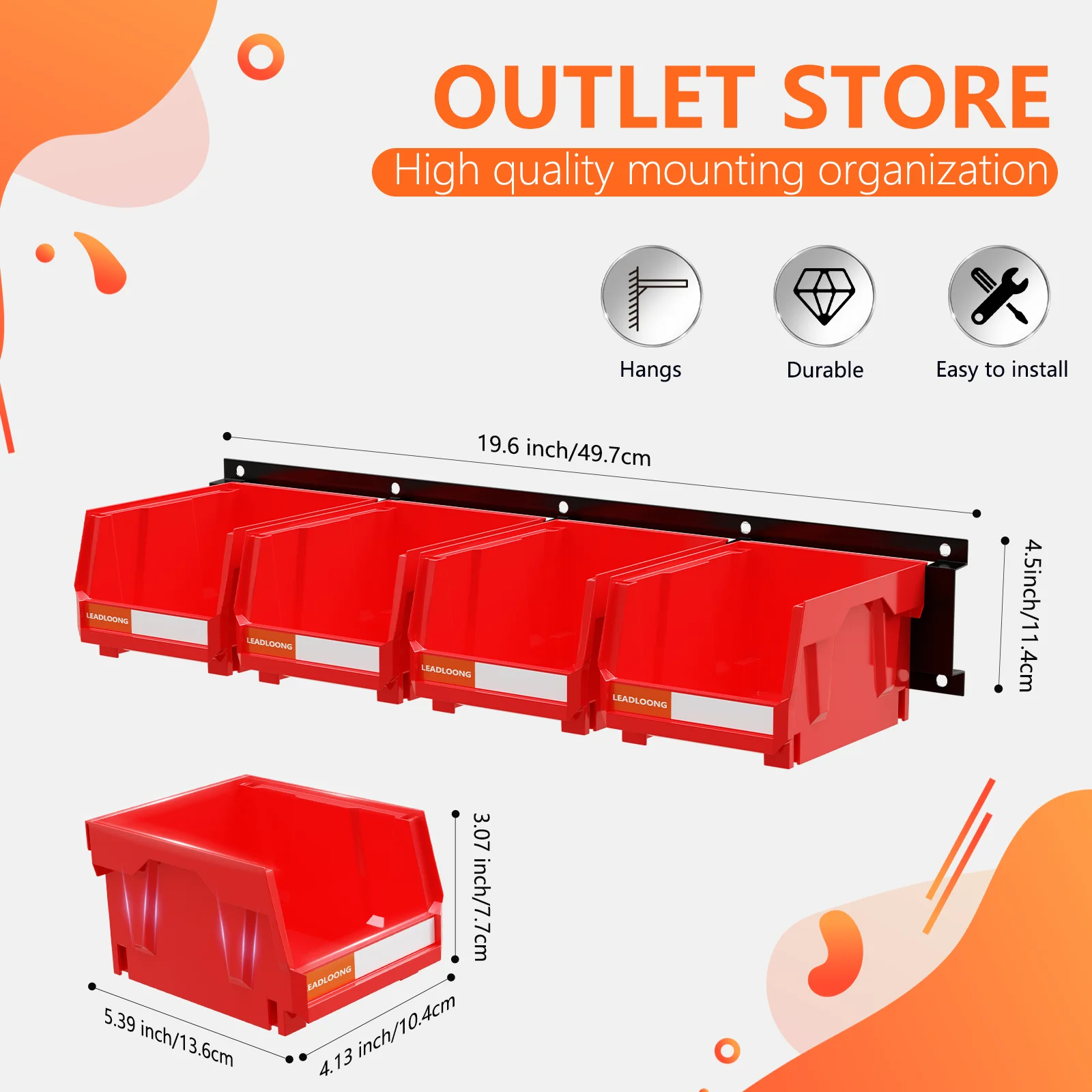 LEADLOONG Red Metal Durable Wall Mount Organization 49.7*11.4 CM/19.6*4.5 INCH Plastic Garage Part Organized Parts bin with Rack
