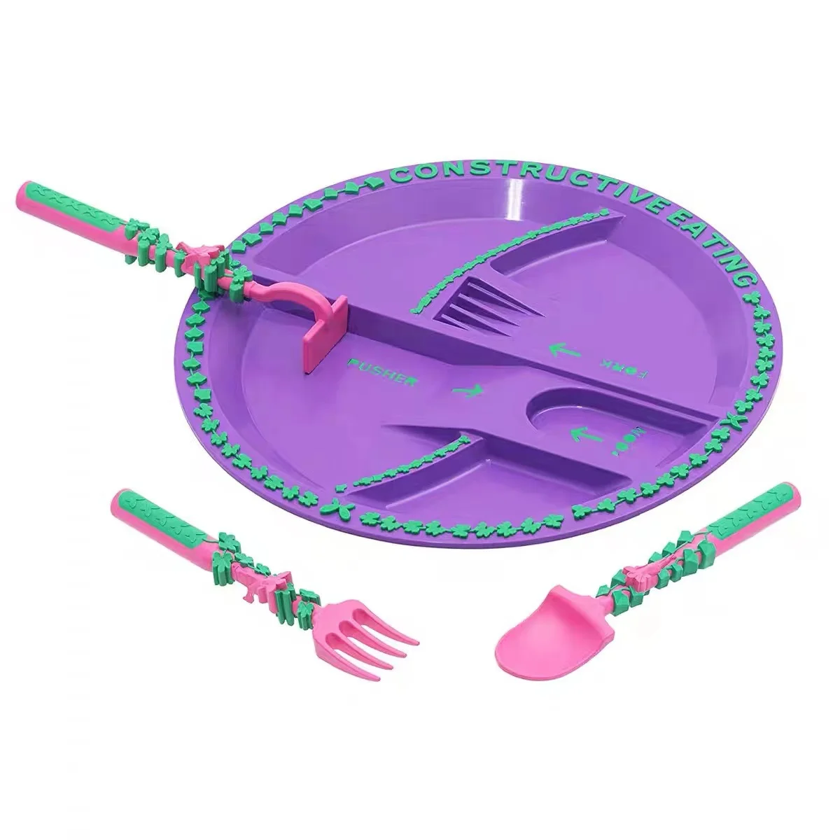 Purple Garden Yellow Forklift Green Dinosaur Set Fun Children Tableware Set Design Includes Excavator and Shovel Cutlery