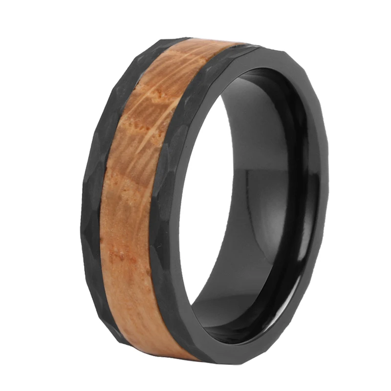8mm brushed hammered with whiskey barrel wood titanium ring for men zirconium ring black ring jewelry