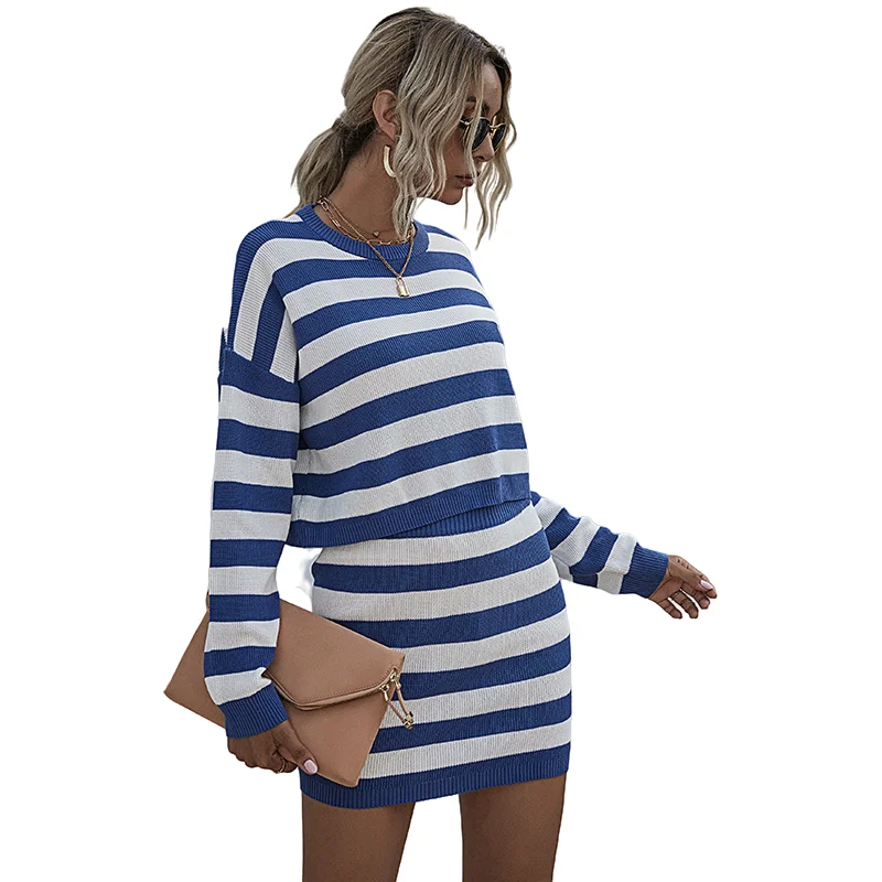 Wholesale Casual Clothing Long Sleeve Stripe Knitted Sweater set mini skirt women 2 piece skirt set women fashion two piece set