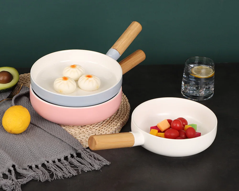 white blue pink round  fine bone china with wooden handle everyday use Food tray deep plate