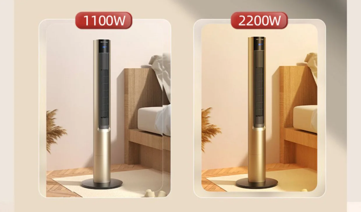 Customize Electric Space Portable Heater  Vertical Tower Fan Ceramic PTC  1100/2200W OEM Indoor knob/remote Control gold white