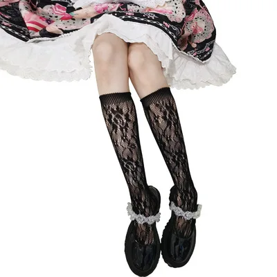 ST-014 Summer Thin Black White Fishnet Stockings Women Lace Thigh High Fishnet Knee High Socks