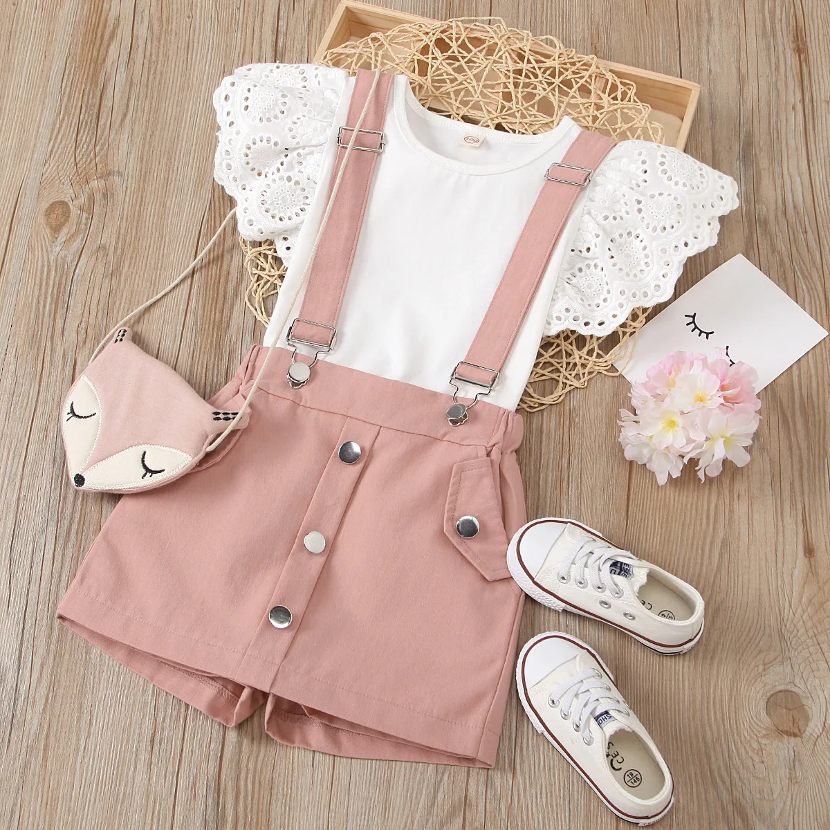 CJS2102 Fashion summer Kids Baby Girls white lace shirt + pink suspender shorts Child Outfits Clothing Set 1-6 years old