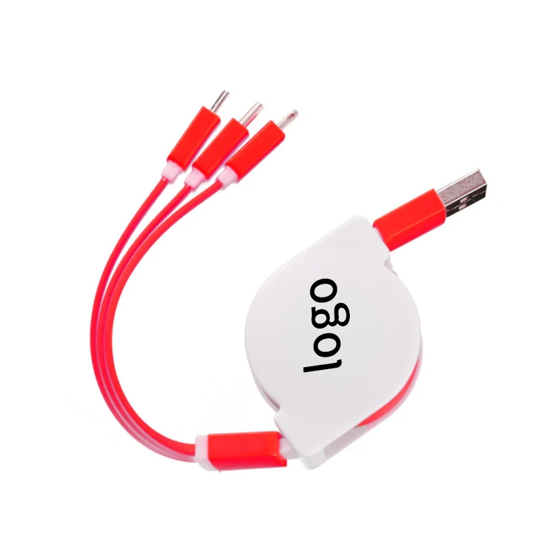Colorful logo custom pvc material reel retractable 3 in 1 line micro usb cable type-c fast charging data cable