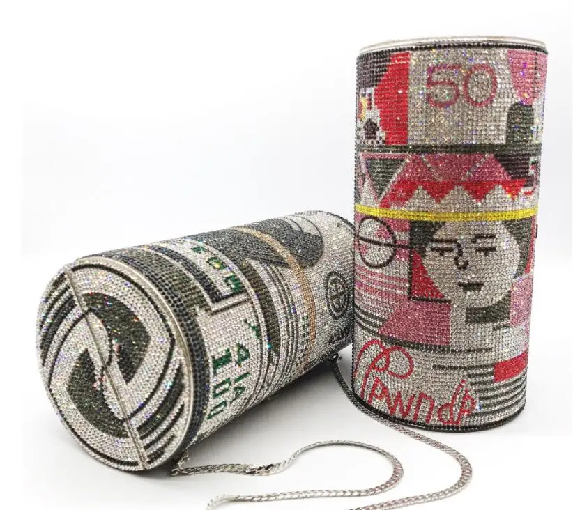 New Design Woman Luxury Roll Diamond Money Purse Bag Clutch 100 Dollar Handbag Ladies Evening Rhinestone Party Purse