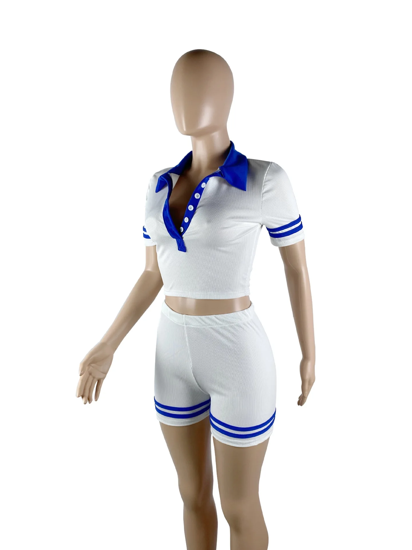 Hot Sale Ribbed Button Splice Polo Collar Short Sleeve Crop Tops And Slim Shorts Women Summer Casual Two Piece Sets