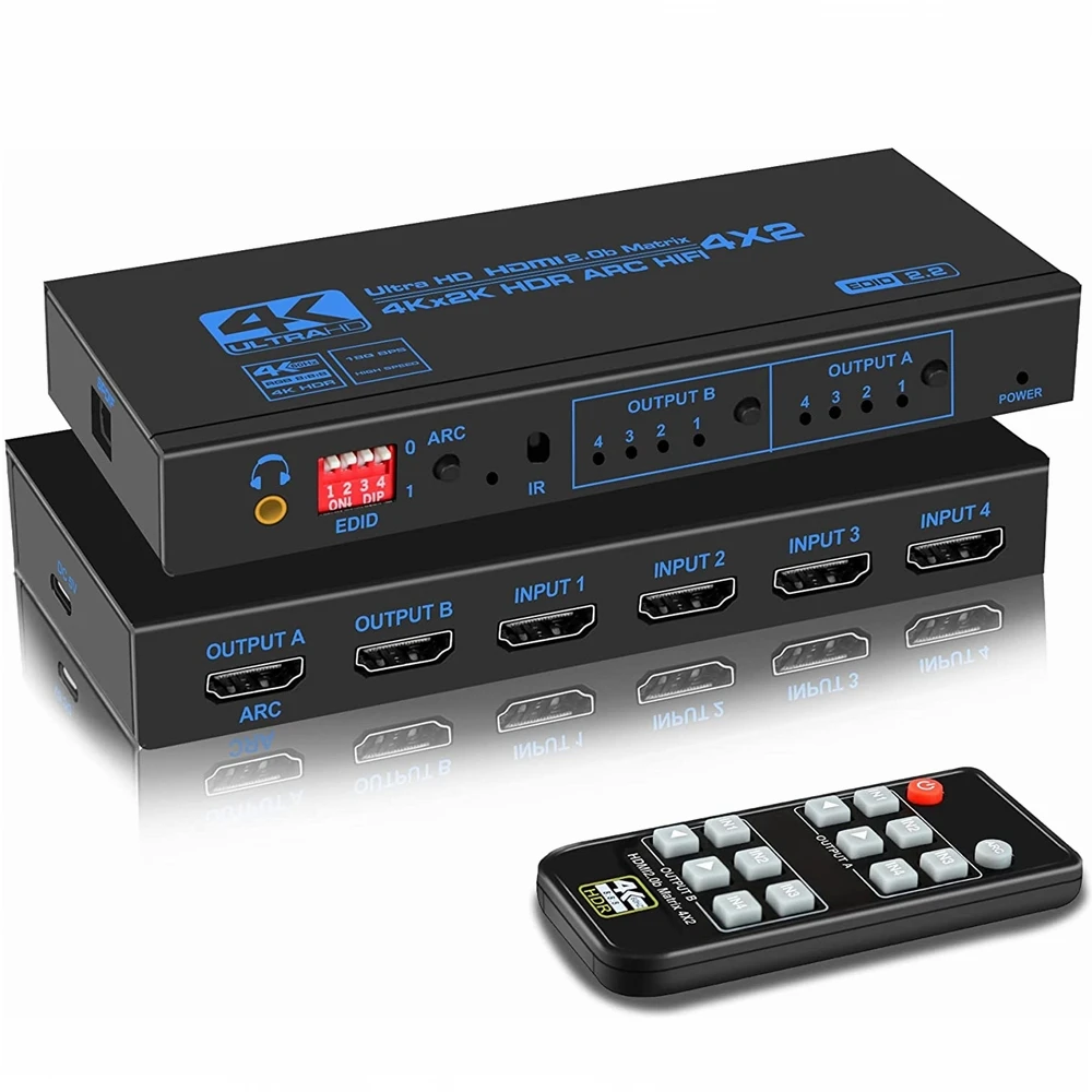 4K@60Hz EDID + ARC HDMI Matrix 4x2 Switch Splitter Support HDCP 2.2 IR Remote Control HDMI Audio separation 4x2 Matrix Switcher
