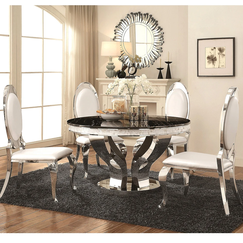 Modern Luxury Golden Banquet Wedding Furniture Stainless Steel Dining Table Chairs for Outdoor Home Use Gold Metal Accents