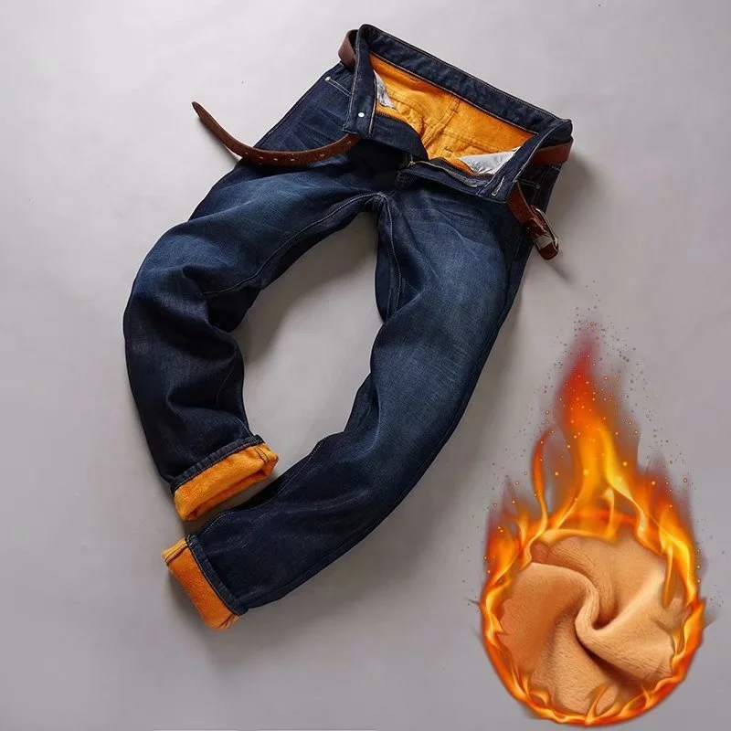 Прямые продажи с фабрики, мужские джинсы в стиле осени и зимы с флисовой подкладкой и толстыми прямыми свободными прямыми трубками, большой размер, теплые, повседневные