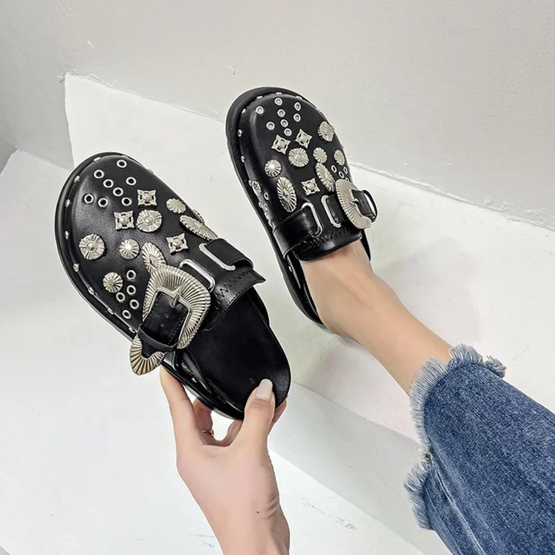 Western Summer Flower Studded Women Thick Soles Slippers Big Rhinestone Shoes Flat Clog Black Slides Outdoor Casual