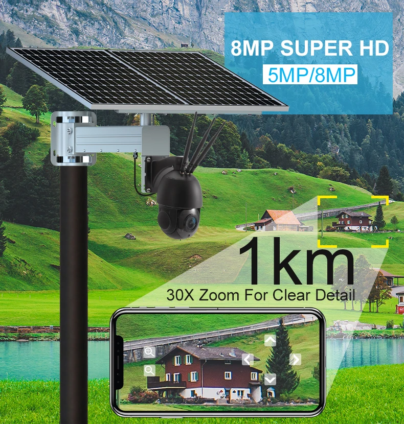 TecDeft 8MP CCTV camera kit solar panel 4G sim card auto tracking 8MP 30x optical zoom security PTZ farm LTE WIFI solar camera