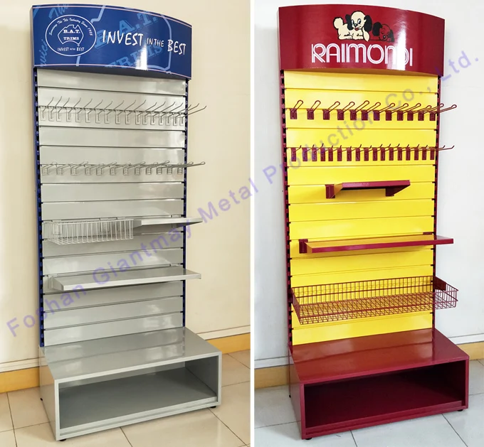 Giantmay Custom Color blocking shop slat wall panel retail organizer slat wall hanging exhibitors display stand