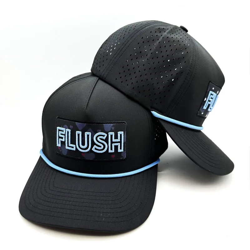 Waterproof Laser Cut Hole Perforated Golf Sports Hats Custom 5 Panel Embroidered Rubber PVC Logo Satin Original Baseball Caps