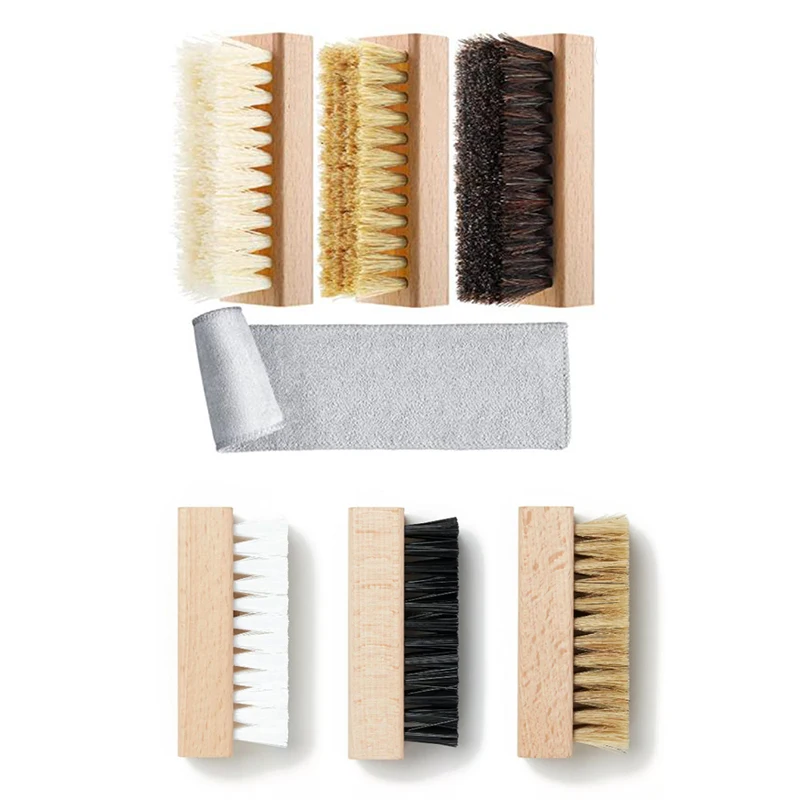 Factory Supply Wood PP Nylon Hog Hair Horse Hair Hard Medium Soft New Sneaker Shoe Brush Set for cleaning with Microfiber Cloth