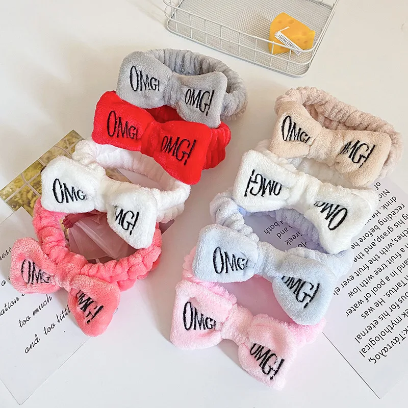 Wash Hairband Face Scarf Elastic Headband Embroidered OMG Letters Hair Accessories Bow Coral Fleece Spa