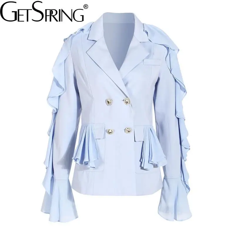 GetSpring Women Blazer Ruffles Diamond Buckle Double Breasted Long Sleeve Suit Coat Fashion Women's Slim Suit Jacket 2022