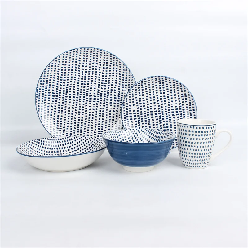 Porcelain Dinnerware and Serveware Blue Short Line Pattern Pad Printing 18 Piece Set
