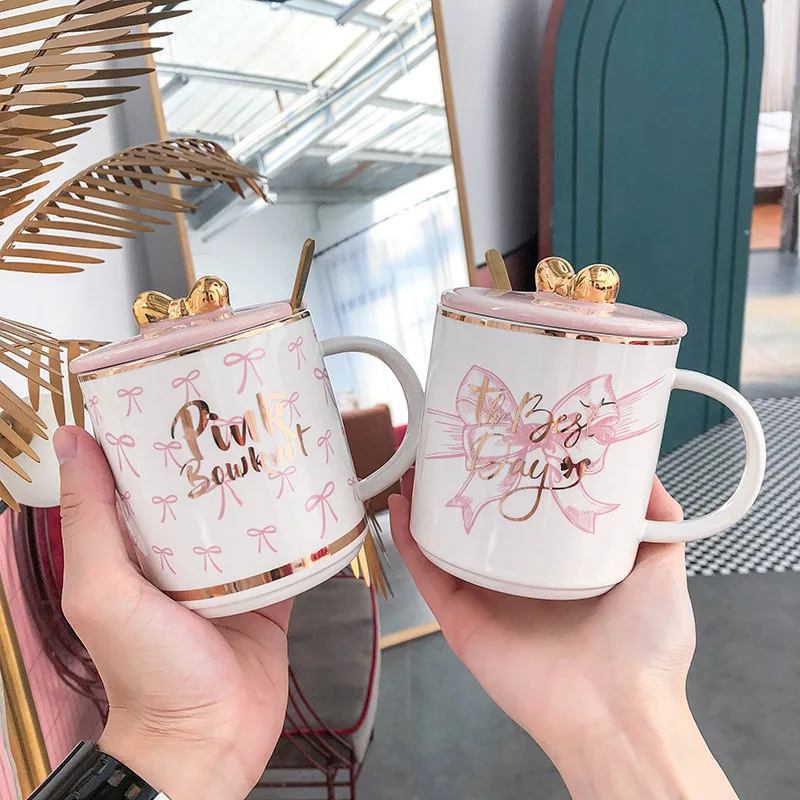 Feiyou wholesale custom 14oz golden edge cute bow porcelain cup personalized ceramic mug exquisite ceramic mug  christmas mugs