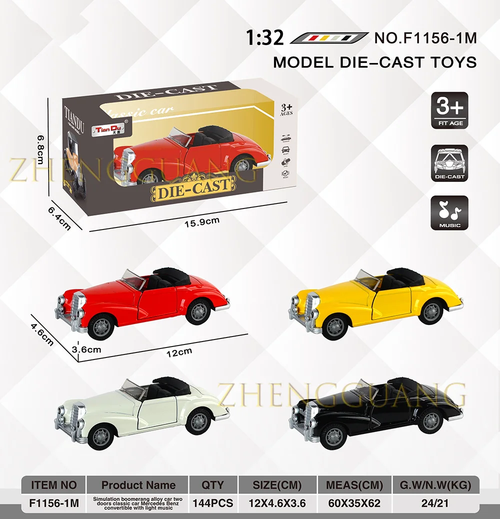 Zhengguang Toys Factory 1:32 Scale Car Toys Diecast Metal Pull Back Car Model Toy For Gift/Kids/Collection Light And Music