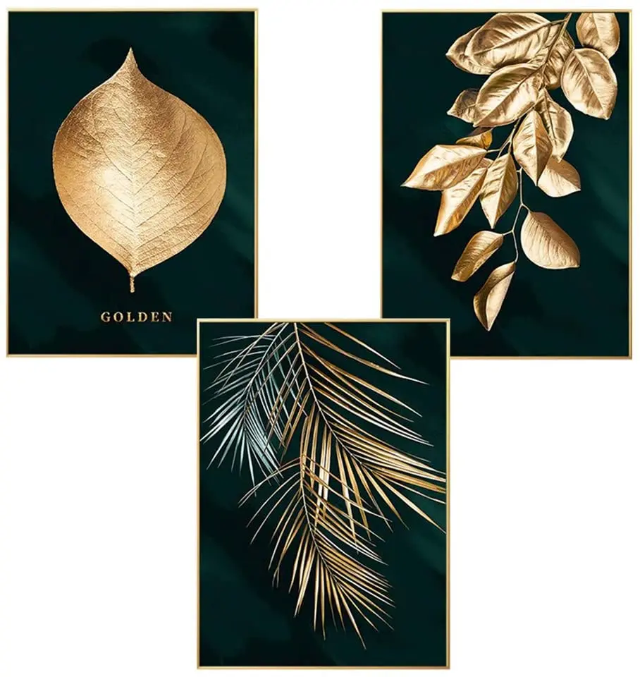 Three pieces design poster set forest golden leaves palm leaf Art Wall Pictures Canvas Painting For Living Room Decor