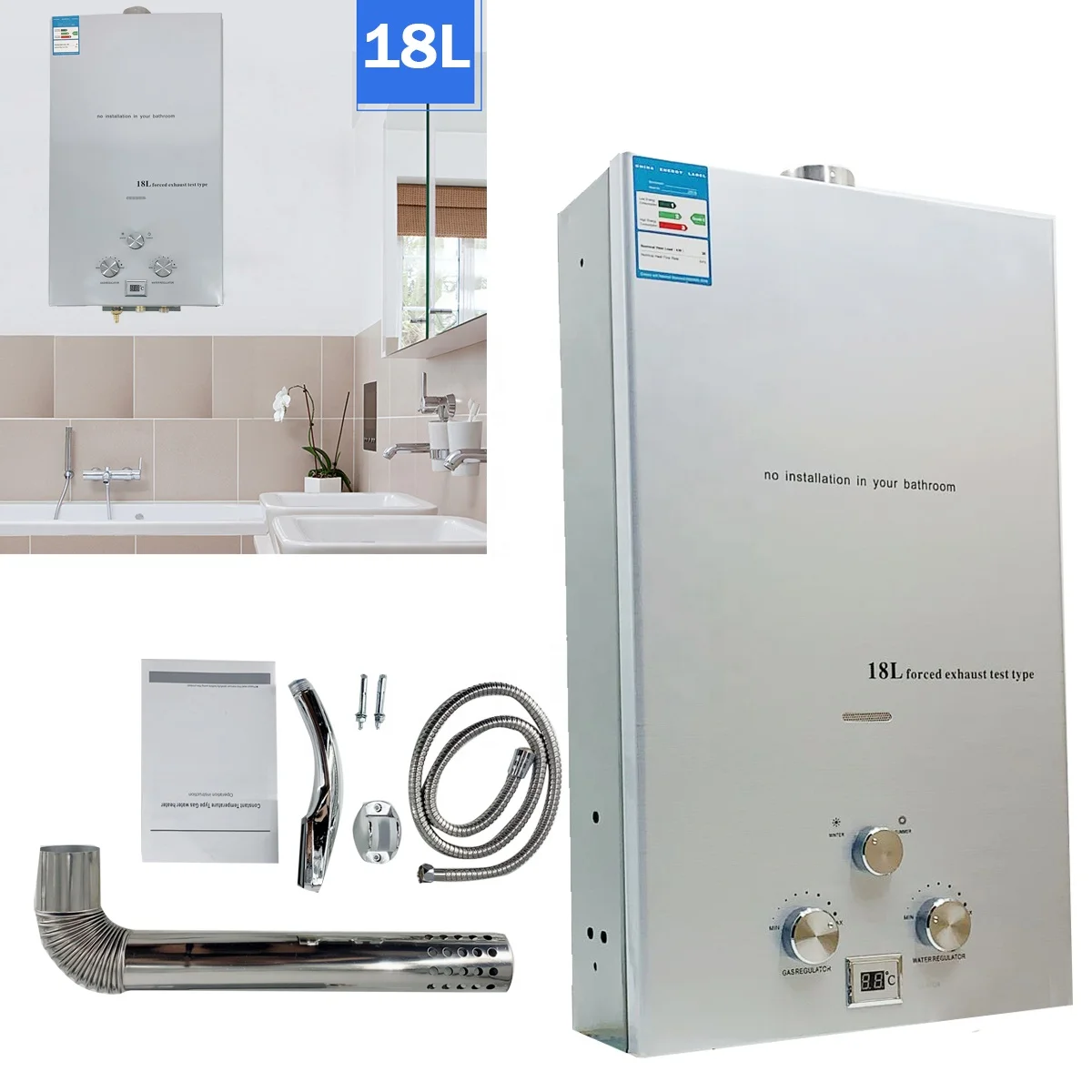  18L Outdoor Stainless Steel Tankless Natural Gas Water Heater With Shower