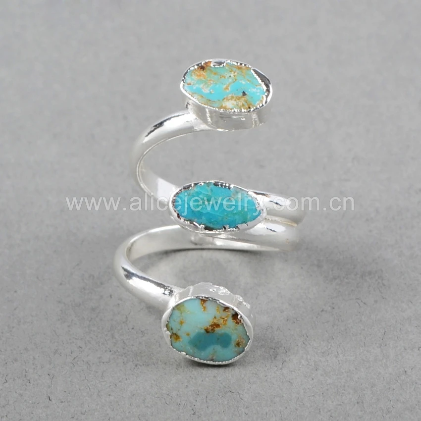 Genuine fashion turquoise gemstone wire ring three stone turquoise ring in 18k gold plated adjustable ring