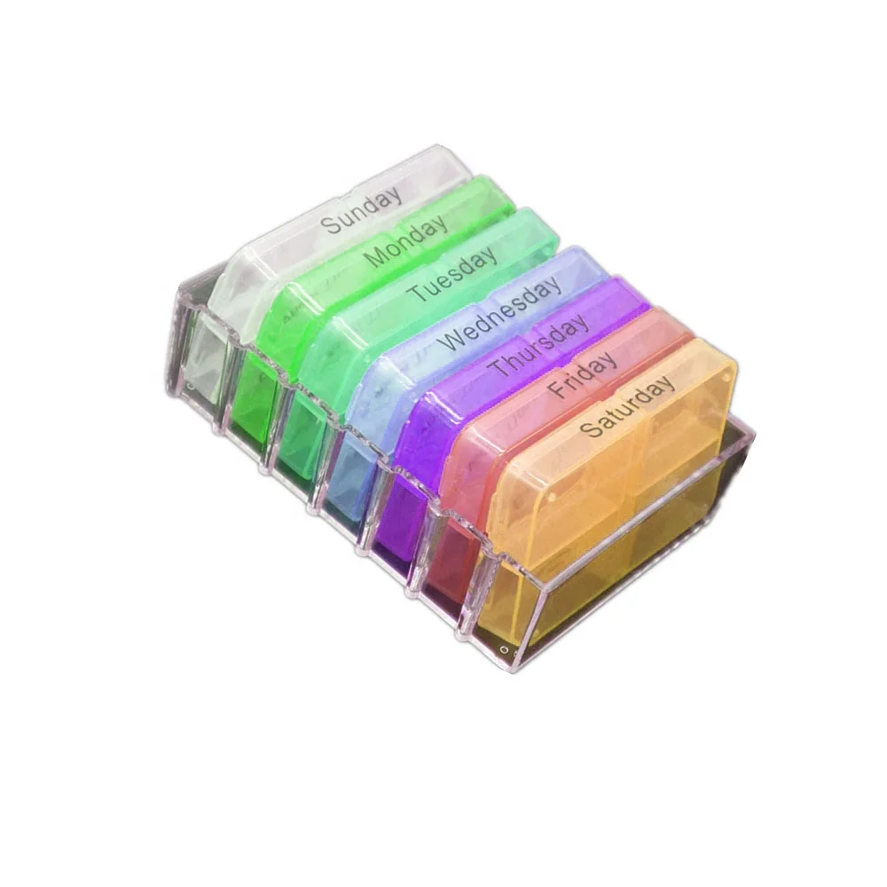 Custom Branded Plastic Rainbow Colorful Weekly Pill Box 4 Times a Day 7 Day Weekly Compact Prescription Vitamin Organizer