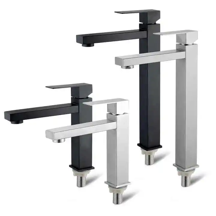 304 Stainless Steel Single Cold Water Taps Bathroom Sink Tap Deck Mounted Single Handle Square High Basin Faucet