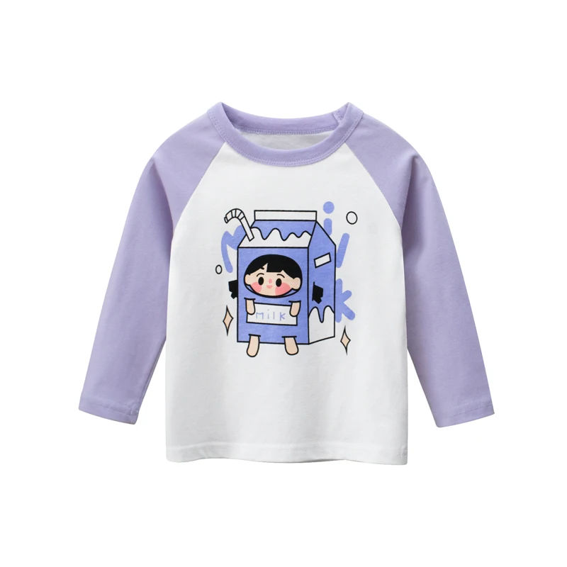 
VitaG Dropshippig Comfortable 100% Cotton Long Sleeve Kids T Shirts Trendy Fitness T Shirts For Girls WIth Milk Girl Pattern 