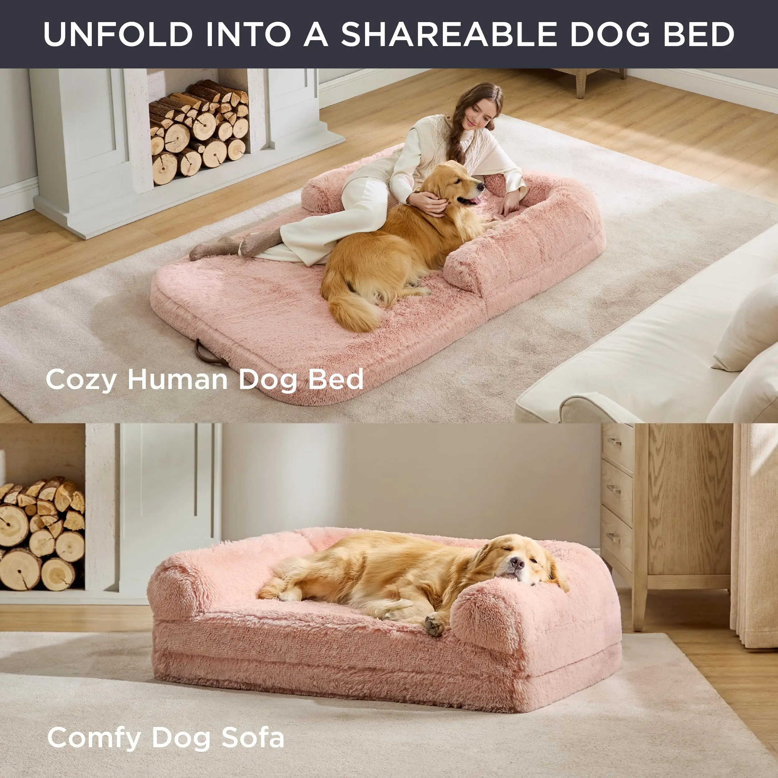 2 in 1 Foldable Waterproof Memory Foam Human Dog Bed Giant Large Faux Fur Orthopedic Big Dog Sofa Bed for Extra Large Dogs