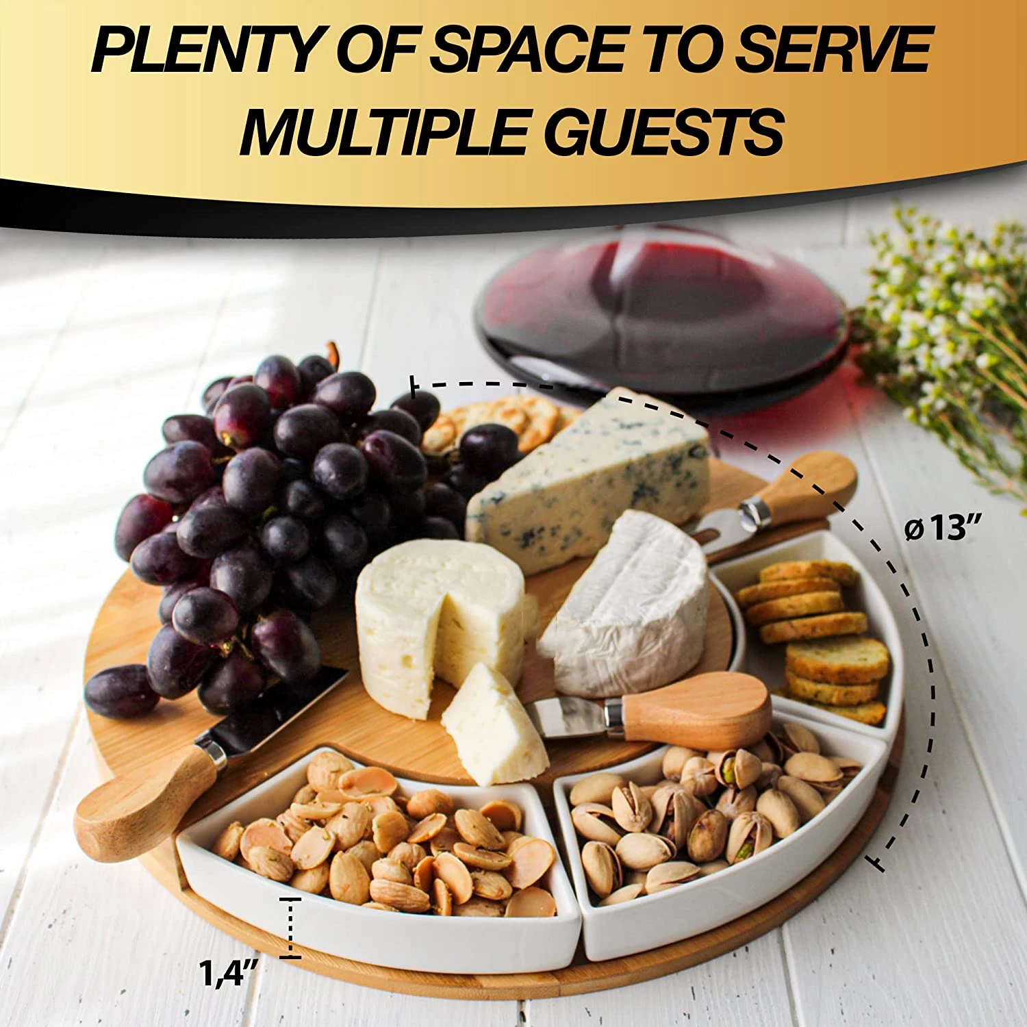 Premium Bamboo Cheese Board and Knife Set Charcuterie Board Set Accessories Meat and Cheese Board, Serving Platter with 3 Bowls