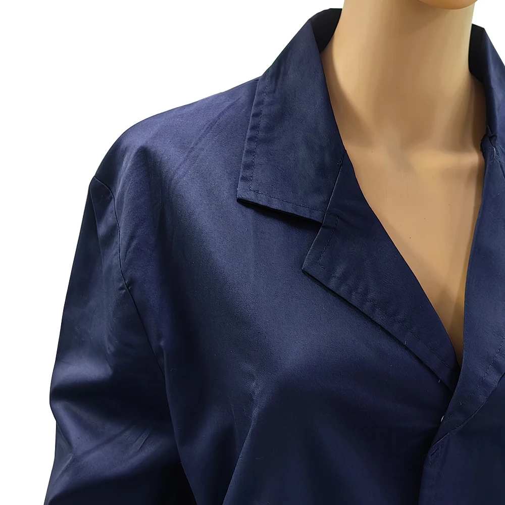 Custom Embroidery Dark Blue Lab Dustproof ESD Antistatic Polyester Cotton Coat